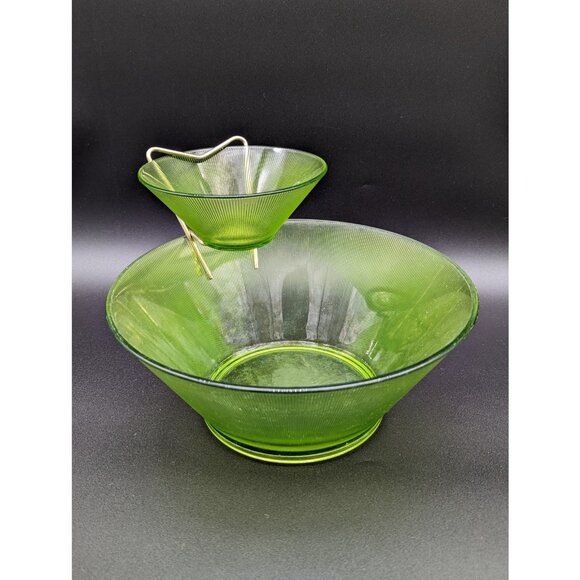 1960s MCM Norse Limelight Chip Dip Set | Federal Glass Green Mid-Century Ribbed - Picture 2 of 9